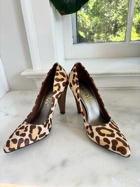 Nicole Leopard Print Pointed Toe Pumps - Brown & Beige- Gold Heels